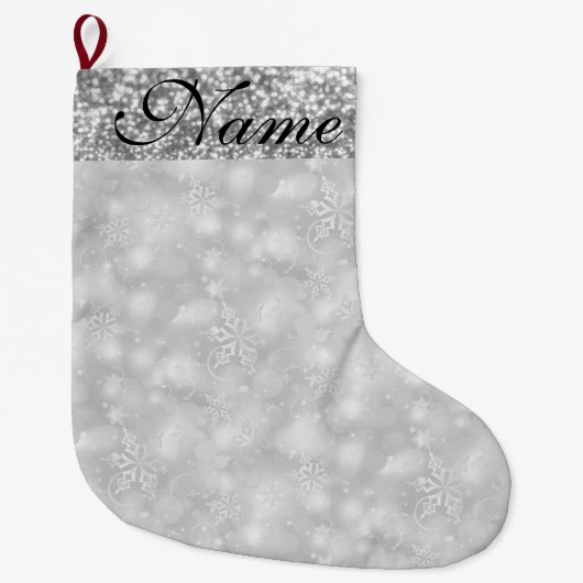 Sparkly Snowflakes, Silver & Silver Glitter - Grote Kerstsok (Voorkant)