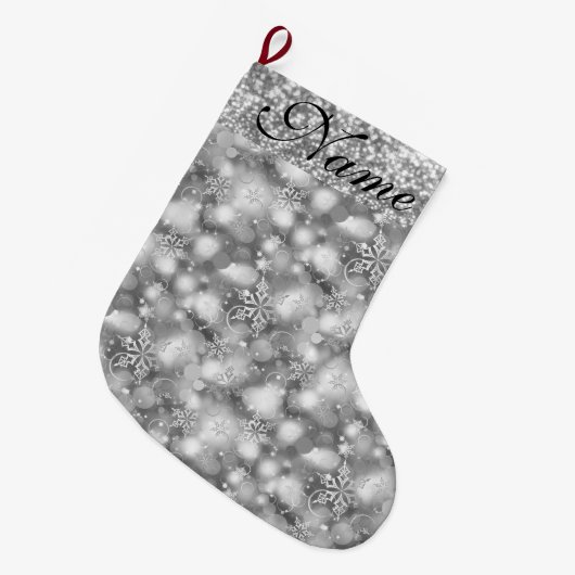 Sparkly Snowflakes, Silver & Silver Glitter - Grote Kerstsok (Voorkant (Hangend))