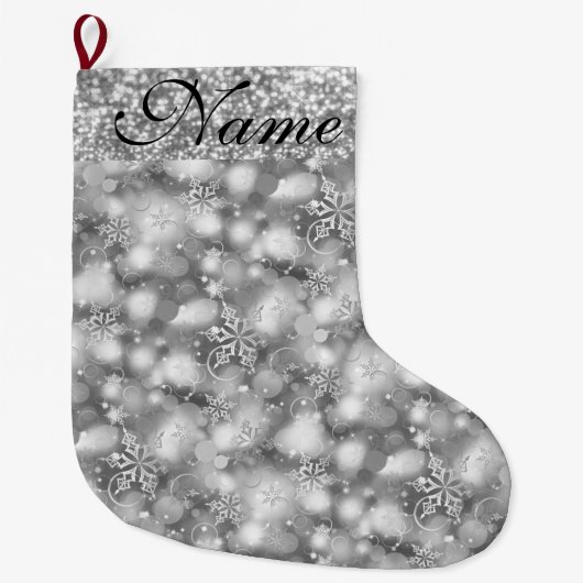 Sparkly Snowflakes, Silver & Silver Glitter - Grote Kerstsok (Voorkant)
