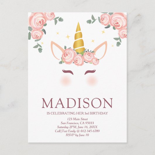 Sparkly Stars and Flowers Eenhoorn Verjaardag Briefkaart (Voorkant)