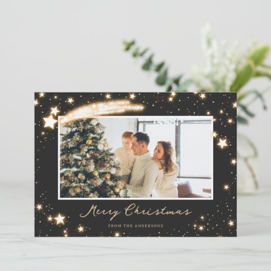 Sparkly Stars Black met kerstkaarten Feestdagenkaart (Staand voorkant)