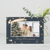 Sparkly Stars Blue-fotokerstkaarten Feestdagenkaart (Staand voorkant)