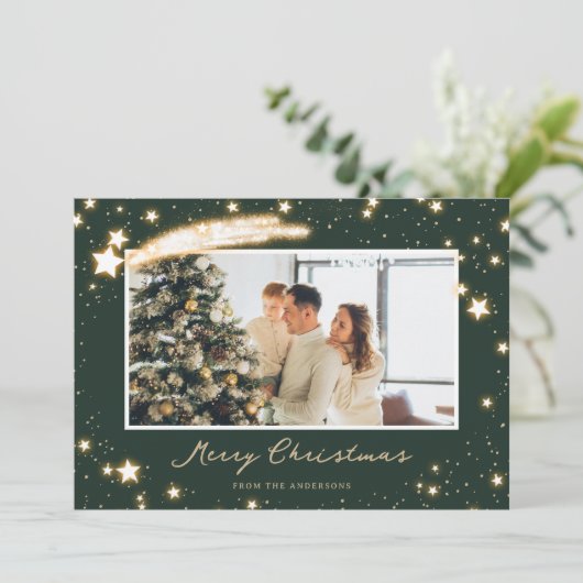 Sparkly Stars Green-fotokerstkaarten Feestdagenkaart (Staand voorkant)