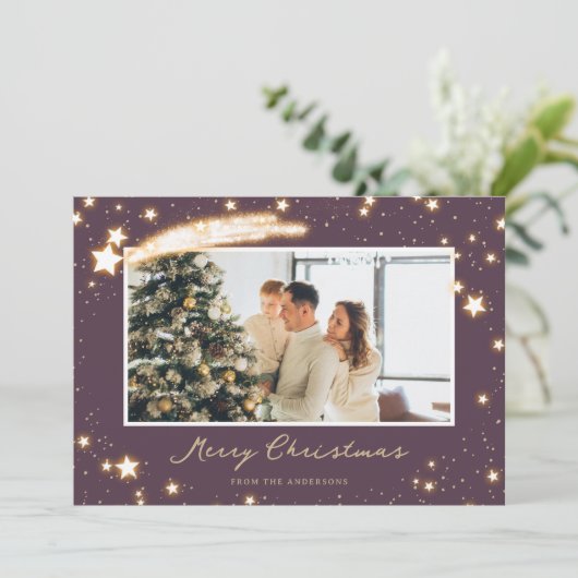 Sparkly Stars Paarse kerstkaarten Feestdagenkaart (Staand voorkant)