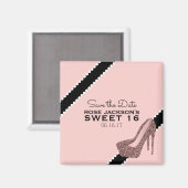 Sparkly Stiletto Heel Sweet 16 Save the Date Pink Magneet (Voorkant / Achterkant)