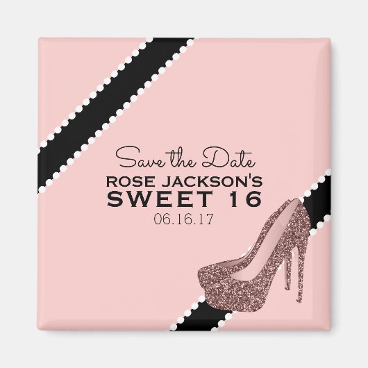 Sparkly Stiletto Heel Sweet 16 Save the Date Pink Magneet (Voorkant)