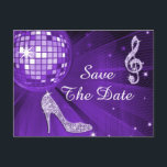 Sparkly Stiletto Hiel 18th Birthday Save the Date Aankondigingskaart<br><div class="desc">Elegant, glamoureus 18e verjaardag / Achttiende verjaardag behalve de datum van briefkaart. Trendy glitz en glamor Save the dates for your 18th / A8th verjaardagsfeest. Schitterend, verbijsterend paars/lila/lavender sparkles diamanten bling jewels musical note afbeelding, funky paars/lila/lavender retro disco mirror ball en paars/lila/lavender glittery stiletto high hiel mode afbeelding on a...</div>