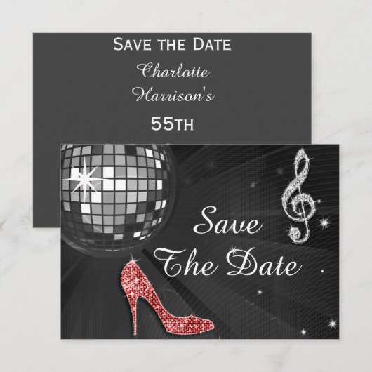 Sparkly Stiletto Hiel 55th Birthday Save the Date (Voorkant / Achterkant)