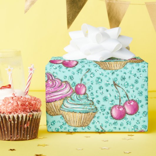 Sparkly turquoise roze en blauwe cupcakes verjaard cadeaupapier (Verjaardagsfeest)