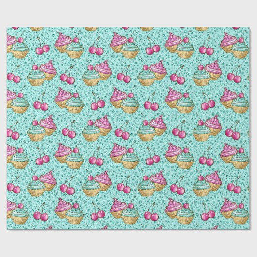 Sparkly turquoise roze en blauwe cupcakes verjaard cadeaupapier (Vlak)