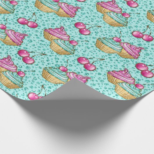 Sparkly turquoise roze en blauwe cupcakes verjaard cadeaupapier (Hoek)