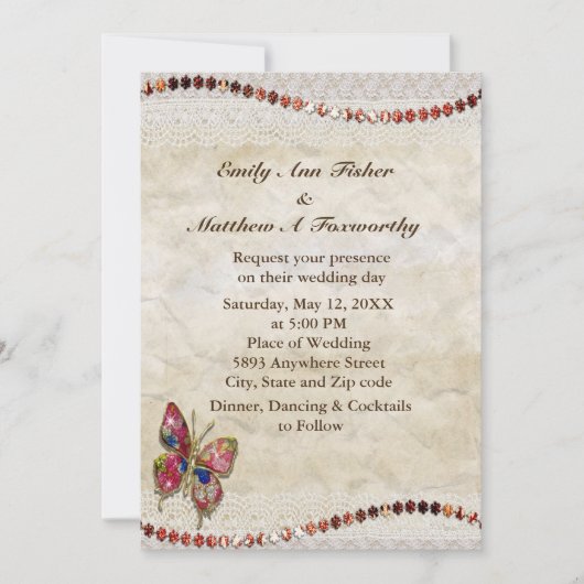 Sparkly Vlinder, Kant & Perkamentbruiloft Kaart (Voorkant)