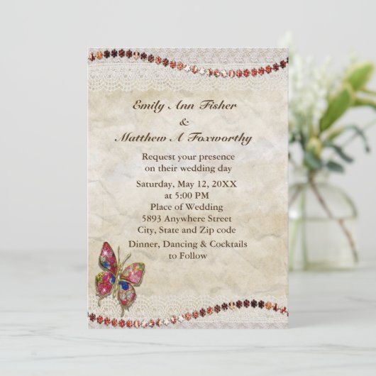 Sparkly Vlinder, Kant & Perkamentbruiloft Kaart (Staand voorkant)