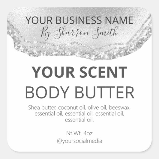 Sparkly White Silver Glitter Agaat productetikette Vierkante Sticker (Voorkant)