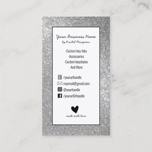 Sparkly White Silver Glitter Key Fob Crafter Busin Visitekaartje (Achterkant)
