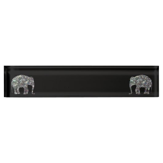 Sparkly zilver mozaïek glitter Olifant zwart Naambordje (Voorkant)