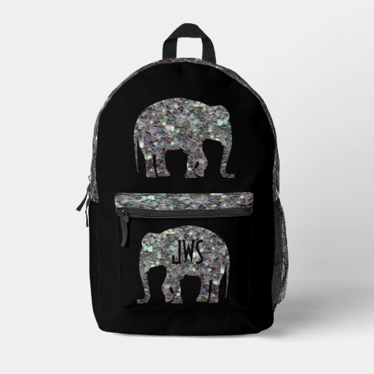 Sparkly zilver mozaïek Olifant Monogram op zwart Bedrukte Rugzak (Voorkant)