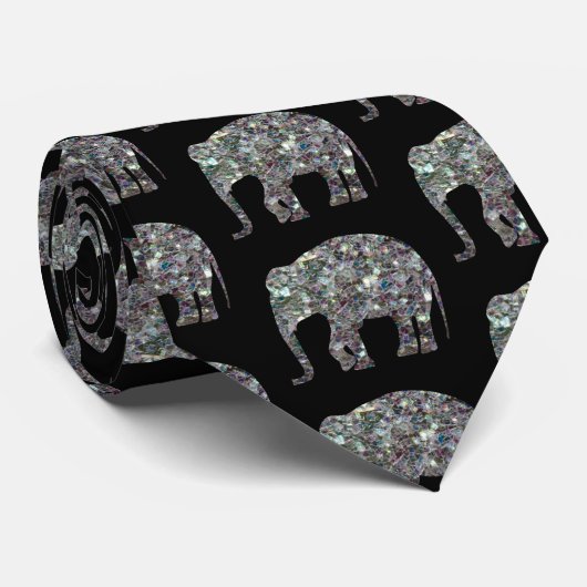 Sparkly zilveren glitter Olifantpatroon op zwart Stropdas (Opgerold)