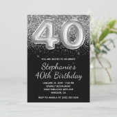 Sparkly Zilveren Glitter Zwarte Ballon 40e Verjaar Kaart (Staand voorkant)