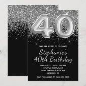 Sparkly Zilveren Glitter Zwarte Ballon 40e Verjaar Kaart (Voorkant / Achterkant)