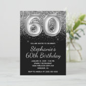 Sparkly Zilveren Glitter Zwarte Ballon 60e Verjaar Kaart (Staand voorkant)