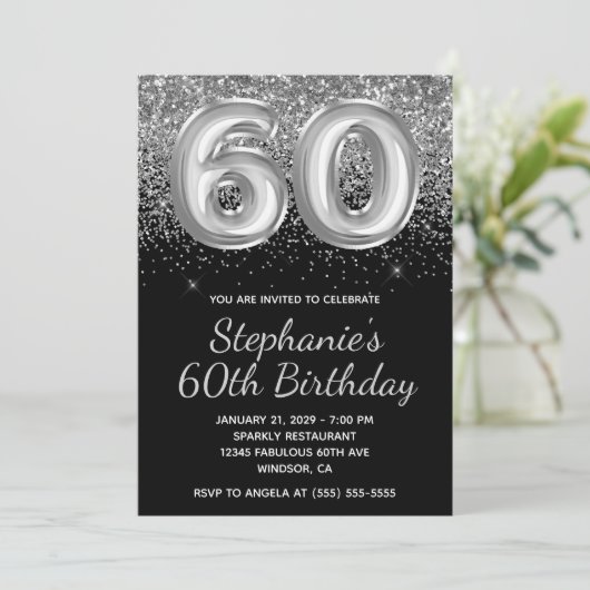 Sparkly Zilveren Glitter Zwarte Ballon 60e Verjaar Kaart (Staand voorkant)