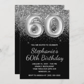 Sparkly Zilveren Glitter Zwarte Ballon 60e Verjaar Kaart (Voorkant / Achterkant)