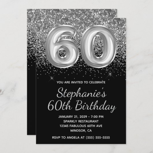 Sparkly Zilveren Glitter Zwarte Ballon 60e Verjaar Kaart (Voorkant / Achterkant)
