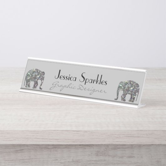 Sparkly zilveren mozaïek glitter Olifant grijs Bureau Naambordje (Voorkant)