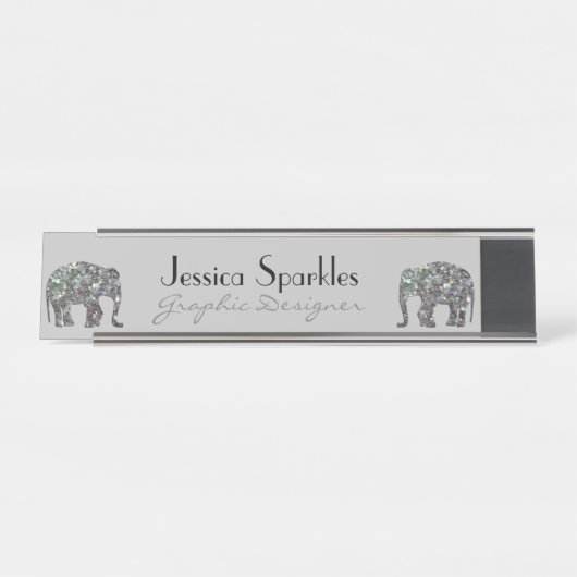 Sparkly zilveren mozaïek glitter Olifant grijs Bureau Naambordje (Voorkant)
