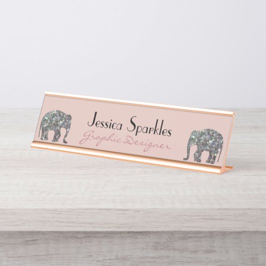 Sparkly zilveren mozaïek glitter Olifant roos roze Bureau Naambordje (Voorkant)