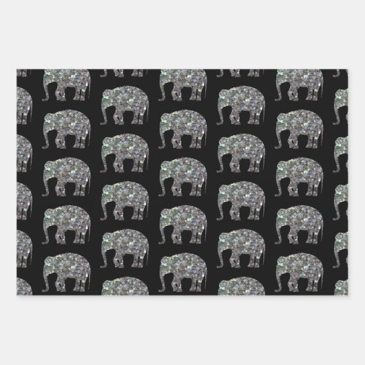 Sparkly zilveren mozaïek Olifantpatroon op zwart Inpakpapier Vel (Voorkant)