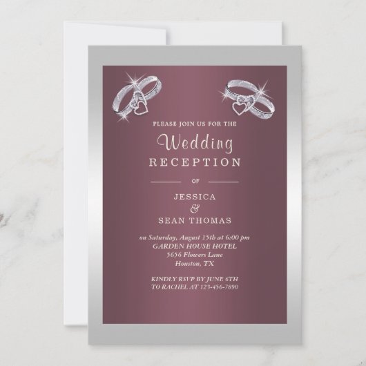 Sparkly Zilveren Ringen & Burgandy bruiloft recept Kaart (Voorkant)