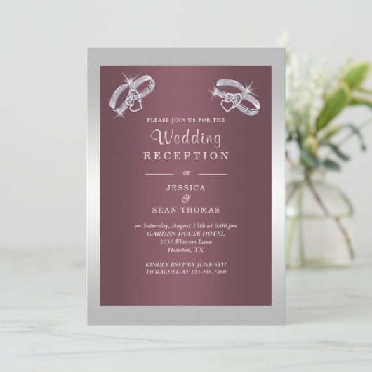 Sparkly Zilveren Ringen & Burgandy bruiloft recept Kaart (Staand voorkant)