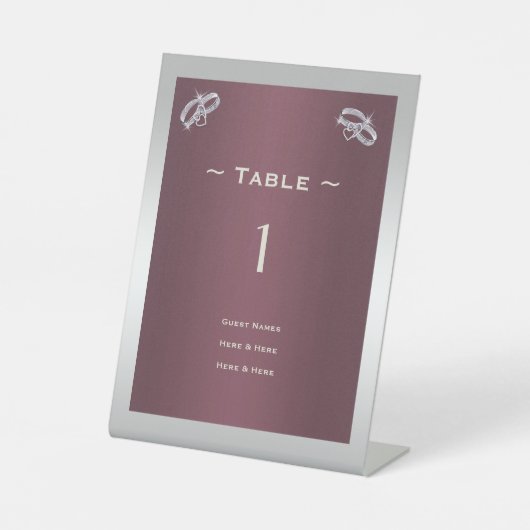 Sparkly Zilveren Ringen & Burgandy Tafelnummer Reclamebord Met Voetstuk (Voorkant)