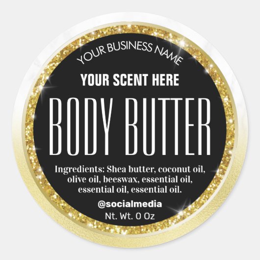 Sparkly Zwart Goud Marmeren Body Butter Labels (Voorkant)