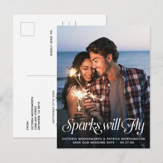 Sparks Zal Vliegen Typografie Huwelijk Save the Da Aankondigingskaart (Voorkant / Achterkant)