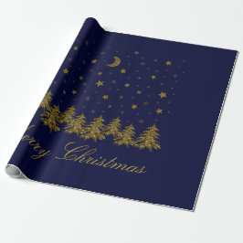 Sparly Gold kerstboom, maan, sterren op blauw Cadeaupapier