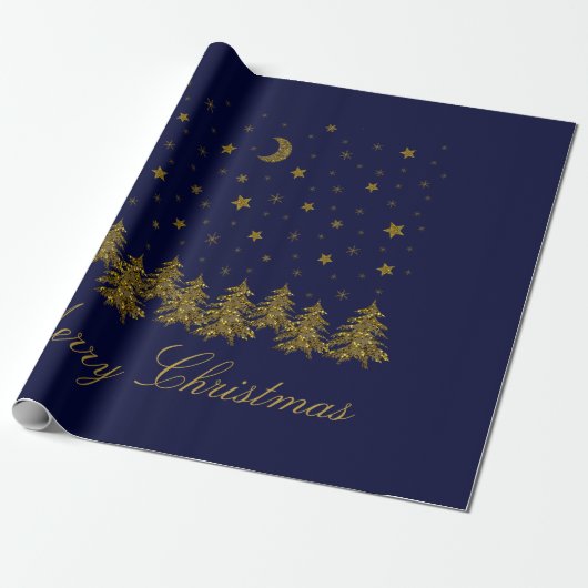 Sparly Gold kerstboom, maan, sterren op blauw Cadeaupapier (Uitgerold)