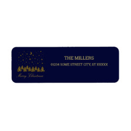 Sparly Gold kerstboom, maan, sterren op blauw Etiket