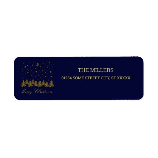 Sparly Gold kerstboom, maan, sterren op blauw Etiket (Voorkant)