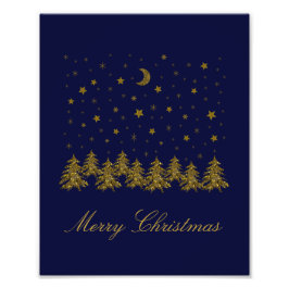 Sparly Gold kerstboom, maan, sterren op blauw Foto Afdruk