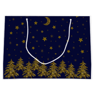 Sparly Gold kerstboom, maan, sterren op blauw Groot Cadeauzakje