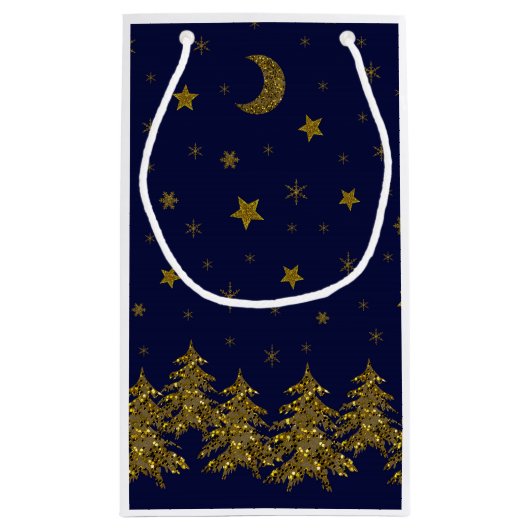 Sparly Gold kerstboom, maan, sterren op blauw Klein Cadeauzakje (Achterkant)
