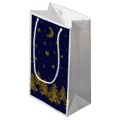 Sparly Gold kerstboom, maan, sterren op blauw Klein Cadeauzakje (Voorkant Gekanteld)