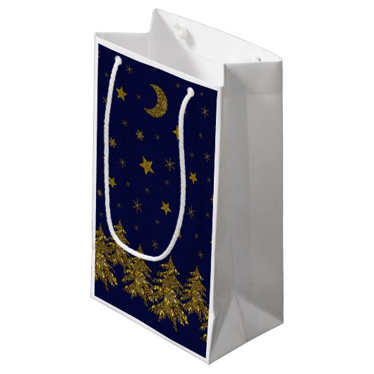 Sparly Gold kerstboom, maan, sterren op blauw Klein Cadeauzakje (Voorkant Gekanteld)