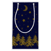 Sparly Gold kerstboom, maan, sterren op blauw Klein Cadeauzakje (Voorkant)