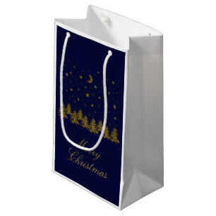 Sparly Gold kerstboom, maan, sterren op blauw Klein Cadeauzakje