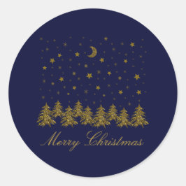 Sparly Gold kerstboom, maan, sterren op blauw Ronde Sticker