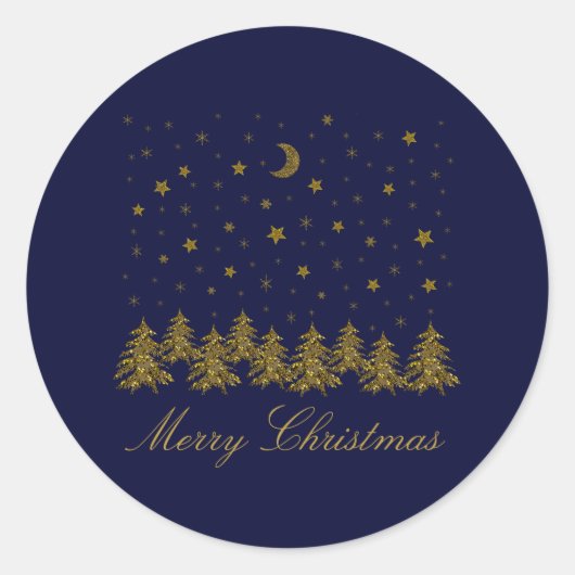 Sparly Gold kerstboom, maan, sterren op blauw Ronde Sticker (Voorkant)